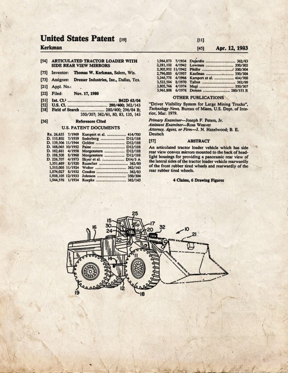 Tractor Loader Patent Print