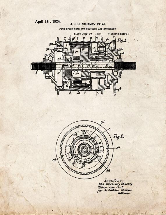 Five-speed Gear for Bicycles and Machinery Patent Print