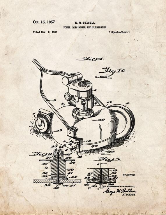 Power Lawn Mower and Pulverizer Patent Print