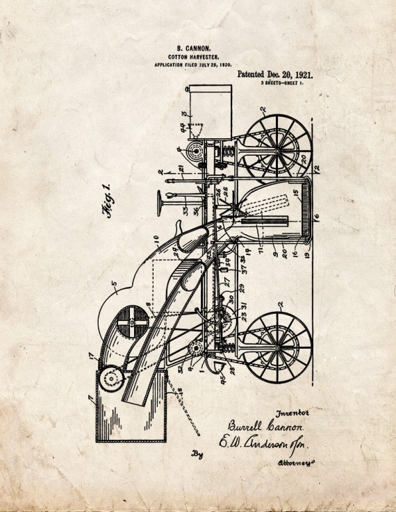 Cotton Harvester Patent Print