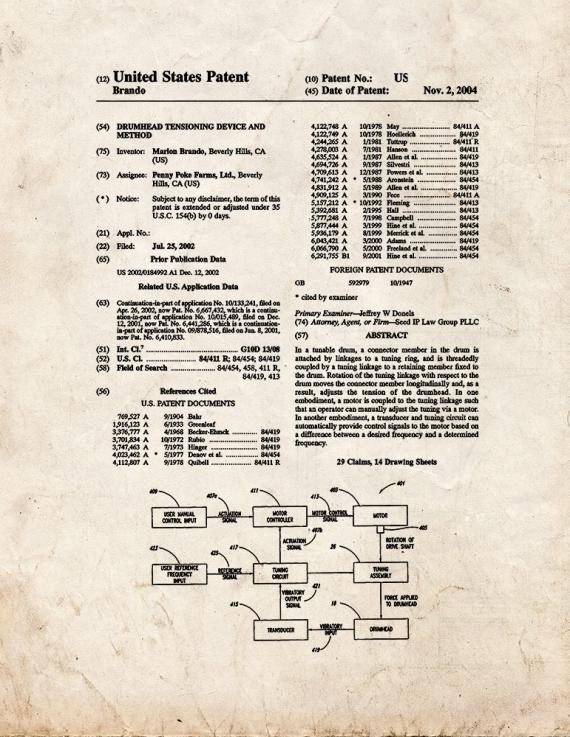 Drumhead Tensioning Device and Method Patent Print