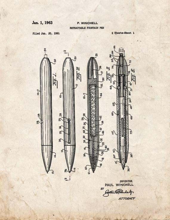 Retractable Fountain Pen Patent Print