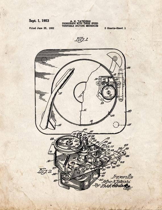 Phonograph With Three-speed Turntable Driving Mechanism Patent Print