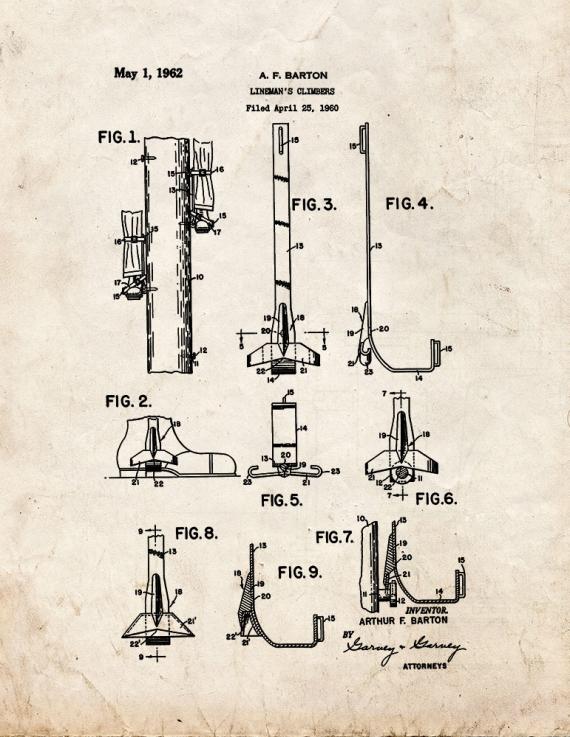 Lineman's Climbers Patent Print