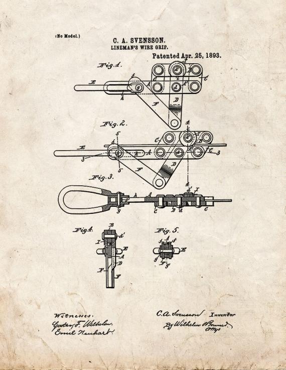 Lineman's Wire Grip Patent Print