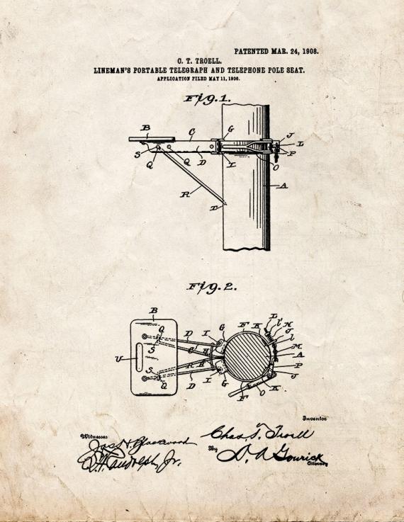 Lineman's Portable Telegraph and Telephone Pole Seat Patent Print