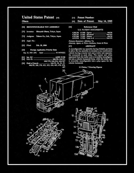 Transformers Optimus Prime Patent Print