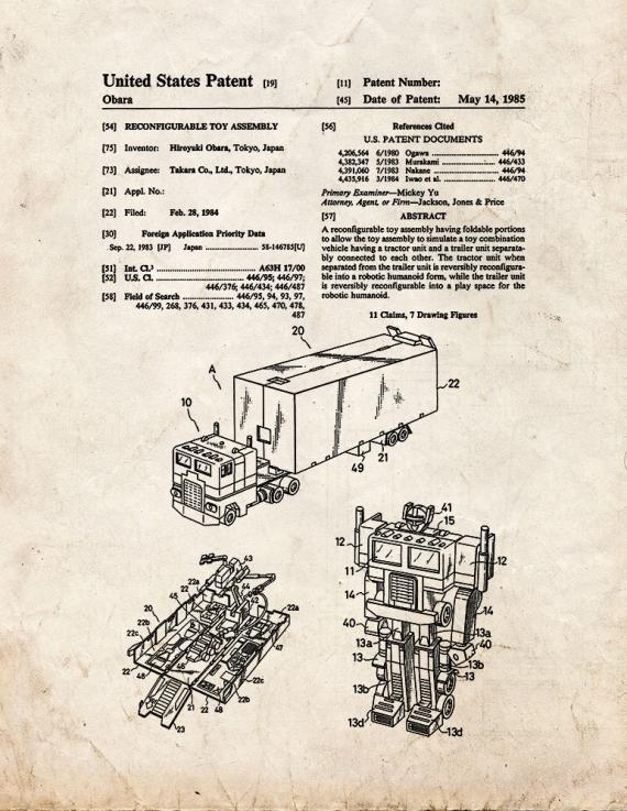 Transformers Optimus Prime Patent Print