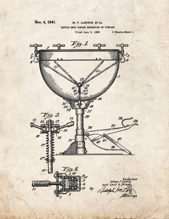 Kettle Drum Tuning Mechanism Or Tympano Patent Print