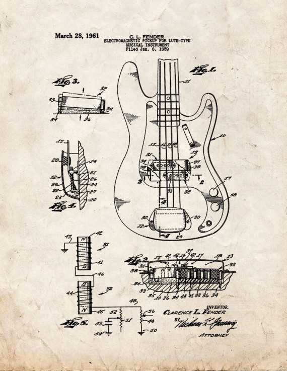 Fender Electromagnetic Pickup For Lute-type Musical Instrument Patent Print