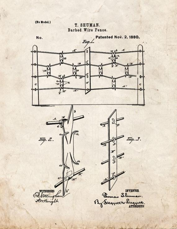 Barb Wire Fence Patent Print