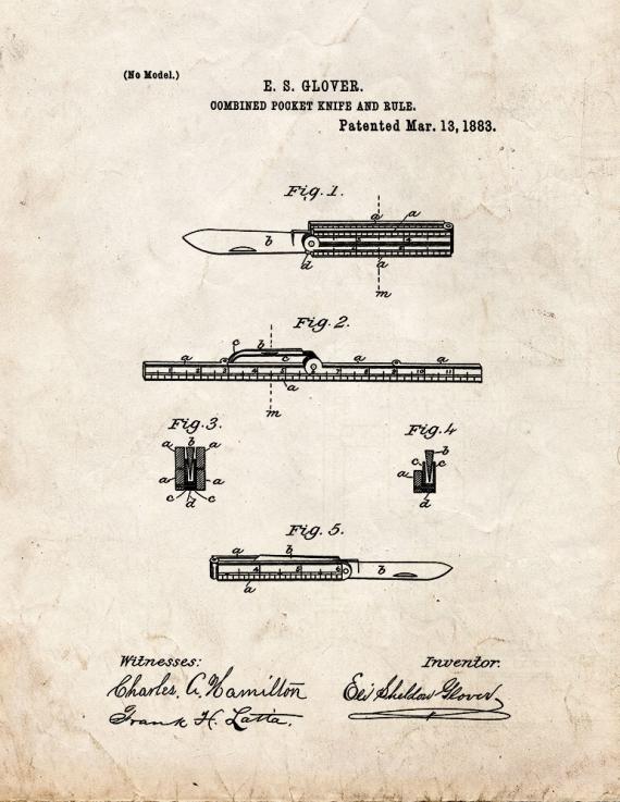Combined Pocket Knife And Rule Patent Print