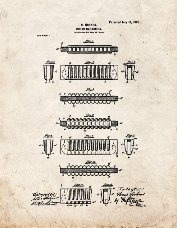 Mouth Harmonica Patent Print