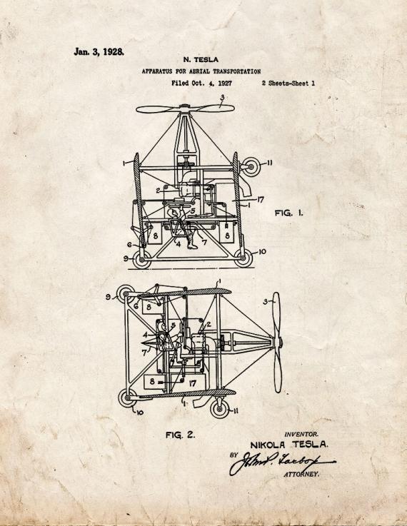 Tesla Apparatus For Aerial Transportation Patent Print
