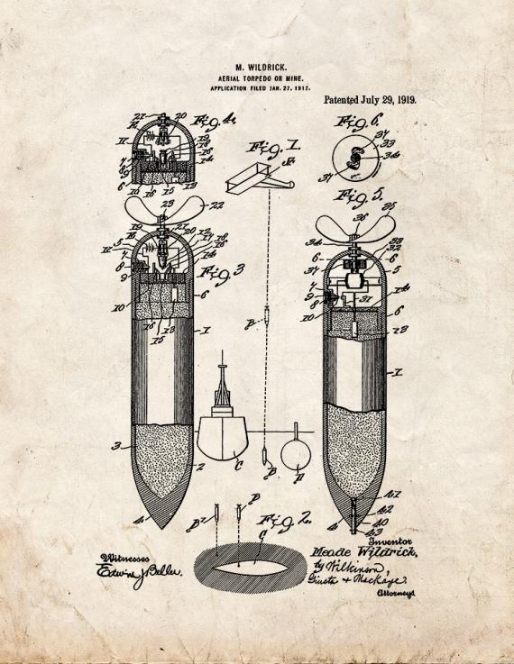 Aerial Torpedo or Mine Patent Print