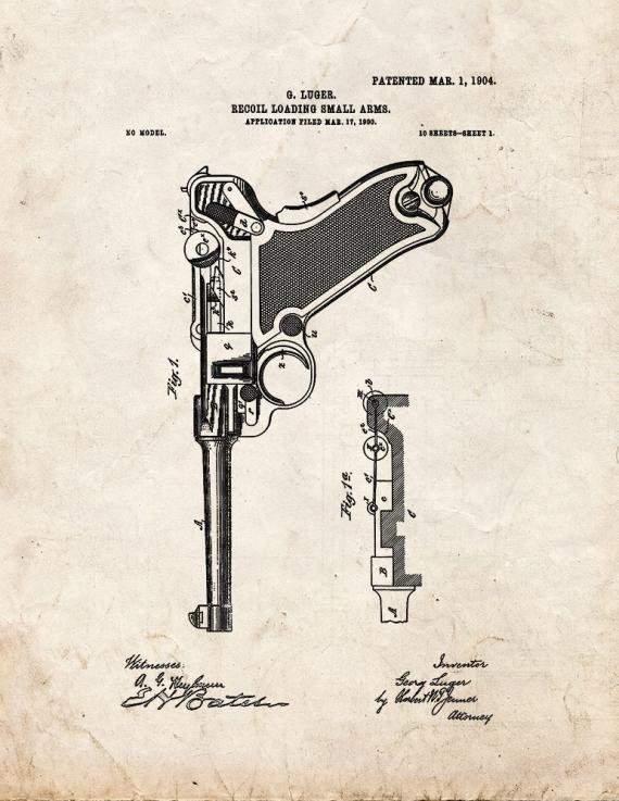 Luger Recoil Loading Small Arms Patent Print