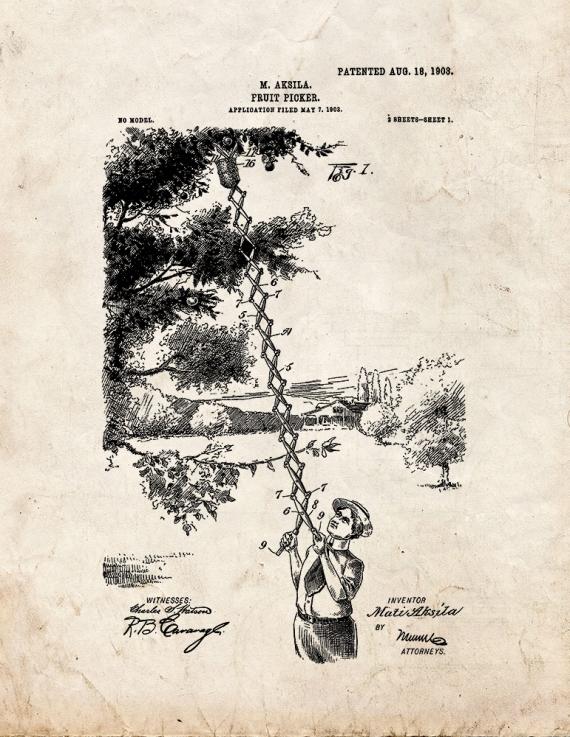 Fruit Picker Patent Print