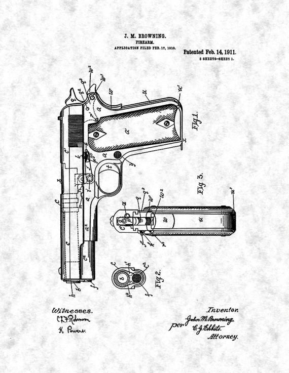 Colt 1911 Gun Patent Print