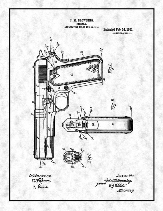 Colt 1911 Gun Patent Print