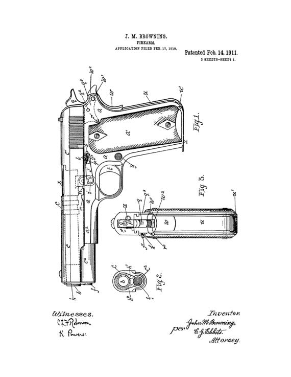 Colt 1911 Gun Patent Print