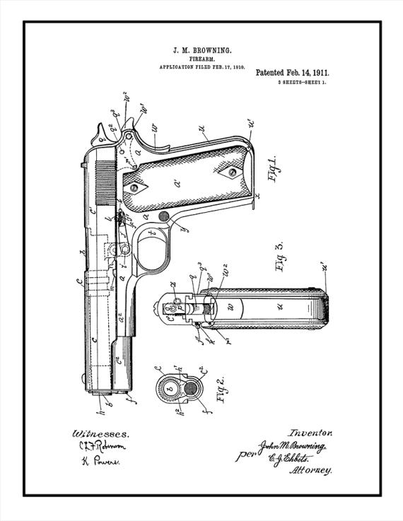 Colt 1911 Gun Patent Print