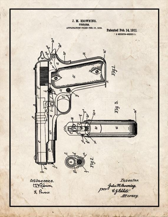 Colt 1911 Gun Patent Print