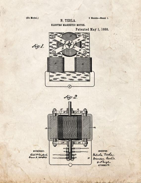 Tesla Electro-magnetic Motor Patent Print