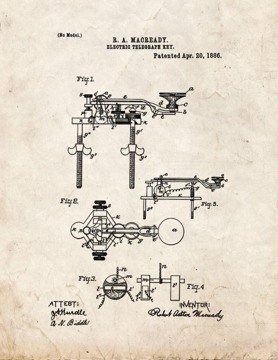 Electric Telegraph Key Patent Print