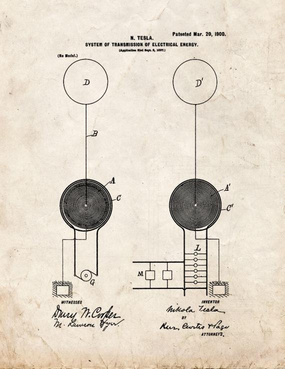 Tesla System Of Transmission Of Electrical Energy Patent Print