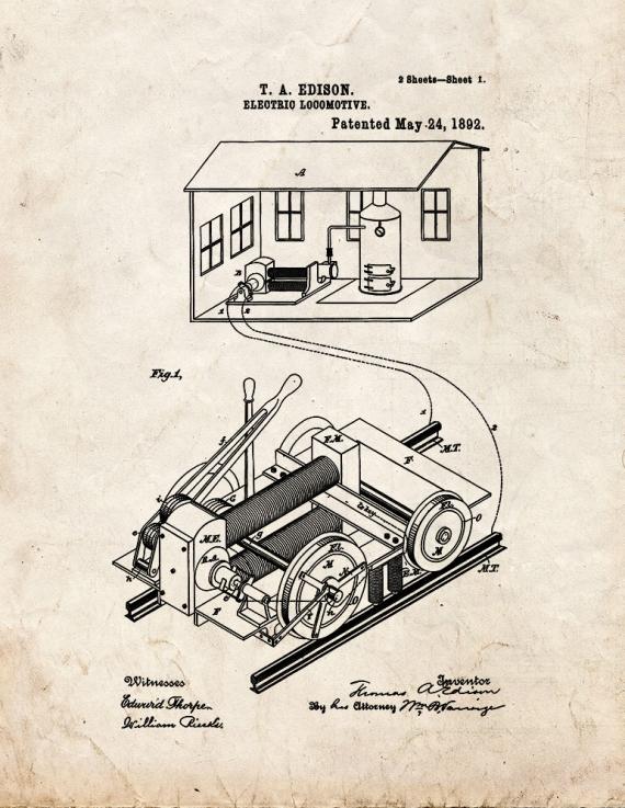 Thomas Edison Electric Locomotive Patent Print